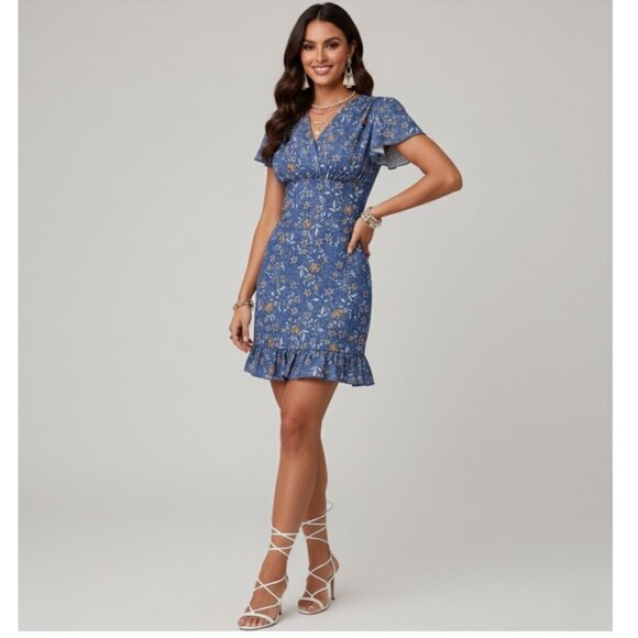 Ditsy Floral V-Neck Mini Dress Blue - Picture 2 of 5